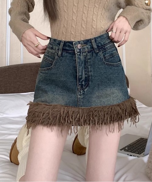 Chick(チック)の「▲BOA VINTAGE DENIM SKIRT / ボアビンテージ風デニムミニスカート(デニムスカート・レディース・ブラック/ブルー・S/M/L)」の4枚目の写真