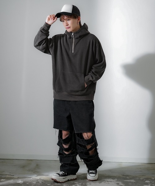 improves（インプローブス）の「コットンタッチ 裏起毛 無地 ハーフジップパーカー（パーカー・メンズ・パープル/ブラック/オートミール/チャコール/グレイッシュベージュ・X-LARGE/MEDIUM/LARGE）」の22枚目の写真