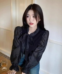【i-dare】リボン モックネック 袖切替え シースルー シフォンブラウス リブトップス