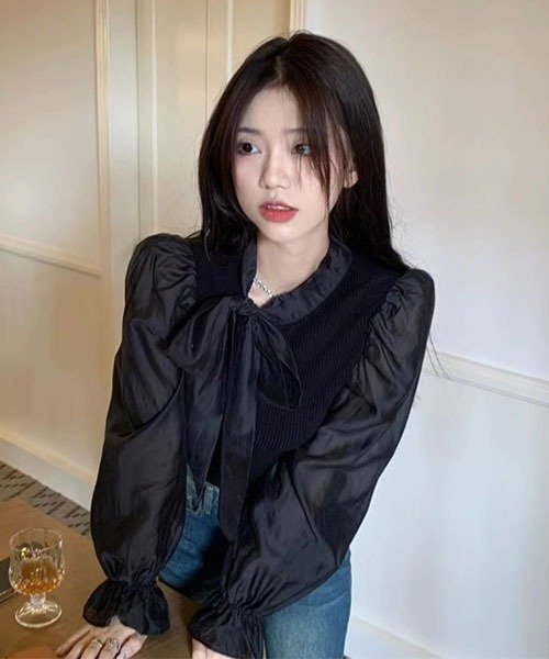 i-dare(アイディア)の「【i-dare】リボン モックネック 袖切替え シースルー シフォンブラウス リブトップス(Tシャツ/カットソー・レディース・ホワイト/ブラック・SMALL/LARGE/MEDIUM/X-LARGE)」の1枚目の写真