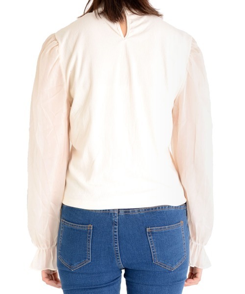 i-dare(アイディア)の「【i-dare】リボン モックネック 袖切替え シースルー シフォンブラウス リブトップス(Tシャツ/カットソー・レディース・ホワイト/ブラック・SMALL/LARGE/MEDIUM/X-LARGE)」の13枚目の写真