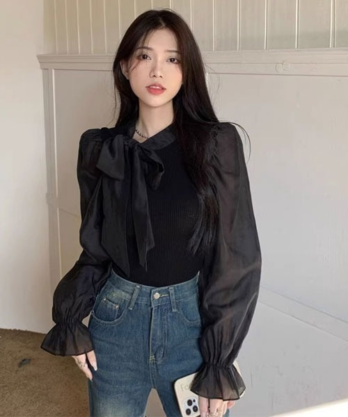 i-dare(アイディア)の「【i-dare】リボン モックネック 袖切替え シースルー シフォンブラウス リブトップス(Tシャツ/カットソー・レディース・ホワイト/ブラック・SMALL/LARGE/MEDIUM/X-LARGE)」の7枚目の写真