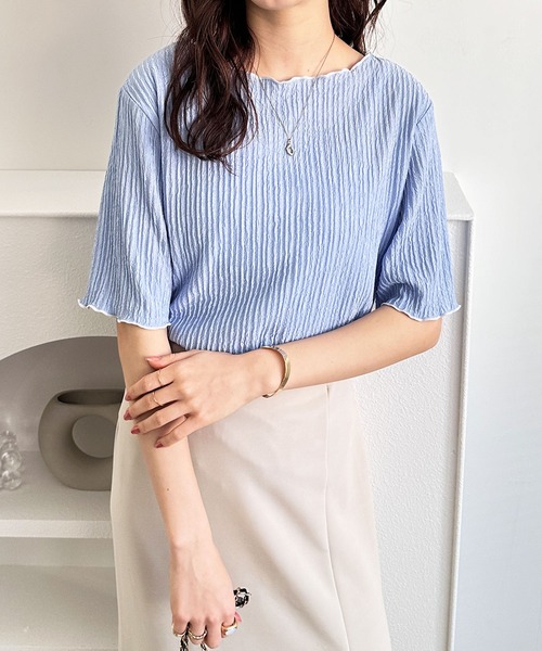 GeeRA（ジーラ）の「前後2WAY配色メロー5分袖カットソー（Tシャツ/カットソー・レディース・ブラック/ブルー/アイボリー/サンドグレー・SMALL/MEDIUM/LARGE/X-LARGE）」の12枚目の写真