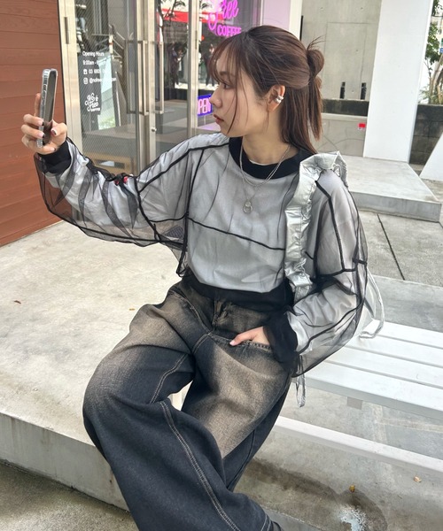 WHO'S WHO gallery（フーズフーギャラリー）の「メッシュプルオーバー（Tシャツ/カットソー・レディース・ブラック/オフホワイト/グレー・FREE）」の7枚目の写真