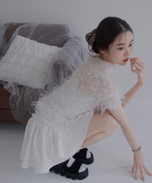 JUMELLE(ジュメロ)の「fringe mesh top(Tシャツ/カットソー・レディース・ホワイト/ブラック・MEDIUM)」の1枚目の写真