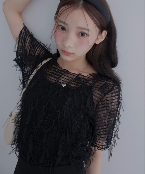 JUMELLE(ジュメロ)の「fringe mesh top(Tシャツ/カットソー・レディース・ホワイト/ブラック・MEDIUM)」の2枚目の写真