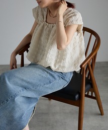 チェックふくれジャガード　バルーン　ノースリブラウス