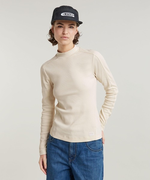 tシャツ SLIM RIB MOCK TOP/パネルデザインスリムリブモックネックロングスリーブT レディース セール】SLIM RIB MOCK TOP/パネルデザインスリムリブモック