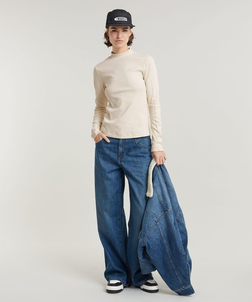 tシャツ SLIM RIB MOCK TOP/パネルデザインスリムリブモックネックロングスリーブT レディース セール】マイクロスムース セミハイネック モックネック