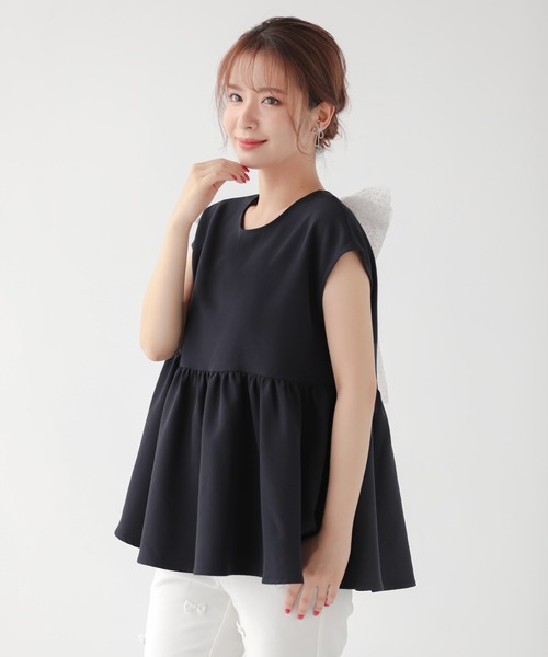 Fit more(フィットモア)の「ドットチュールリボンフレンチスリーブカットソー(Tシャツ/カットソー・レディース・ネイビー/ブルーグレー・FREE)」の3枚目の写真
