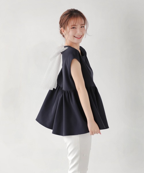 Fit more(フィットモア)の「ドットチュールリボンフレンチスリーブカットソー(Tシャツ/カットソー・レディース・ネイビー/ブルーグレー・FREE)」の6枚目の写真