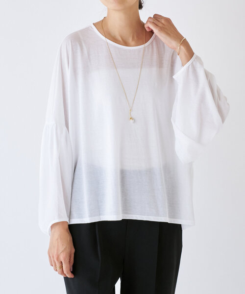 BEARDSLEY（ビアズリー）の「袖ギャザーシアーTee（Tシャツ/カットソー・レディース・ブラック/ホワイト・FREE）」の3枚目の写真