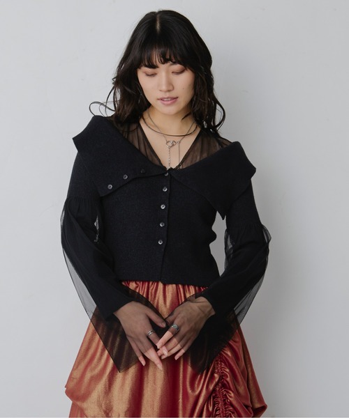 Ezick（エジック）の「Tulle layered ニットカーディガン（カーディガン/ボレロ・レディース・アイボリー/ブラック/チャコールグレー・FREE）」の3枚目の写真