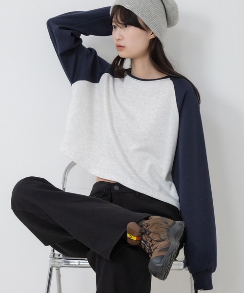 セール】【新色追加】クロップド丈ラグランスリーブロングTシャツ