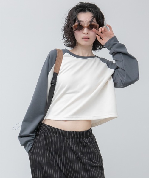 セール】【新色追加】クロップド丈ラグランスリーブロングTシャツ
