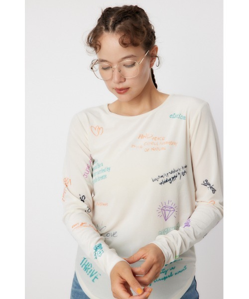 RODEO CROWNS WIDE BOWL（ロデオクラウンズワイドボウル）の「Brushedテキストシアートップス（Tシャツ/カットソー・レディース・ブラック/オフホワイト/ターコイズブルー・FREE）」の2枚目の写真