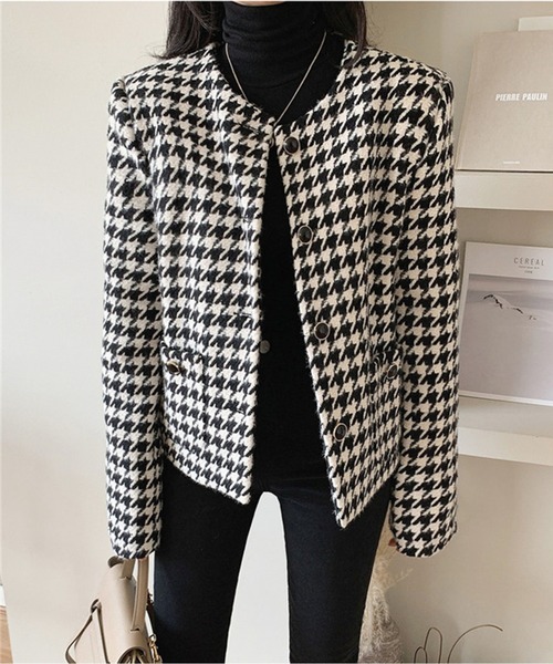 千鳥格子 ジャケット ノーカラー ツイード Vネック 韓国 S~XL