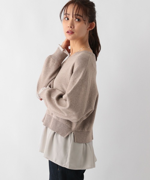 GLOBAL WORK（グローバルワーク）の「メルティ布帛ドッキングプルオーバー/115968（ニット/セーター・レディース・杢グレー/グレイッシュベージュ/ブラック/モカ/ブラウン系6/ブラック×ホワイト/ネイビー系8/アイボリー系1・MEDIUM/LARGE）」の4枚目の写真