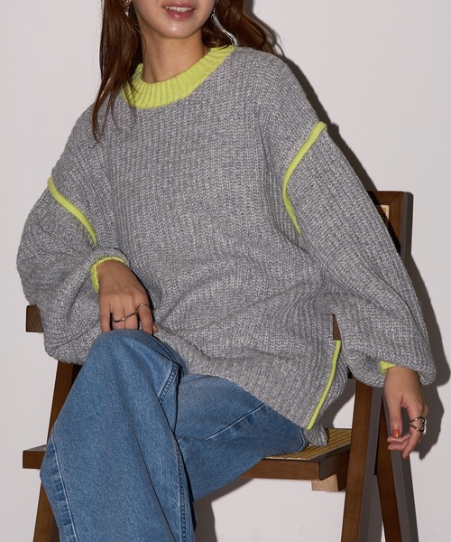 MAISON BREEZE reveur（メゾンブリーズレヴール）の「【MAISON BREEZE reveur】配色クルーネックオーバーニット　DTK（ニット/セーター・レディース・グレー/アイボリー/チャコールグレー・FREE）」の3枚目の写真