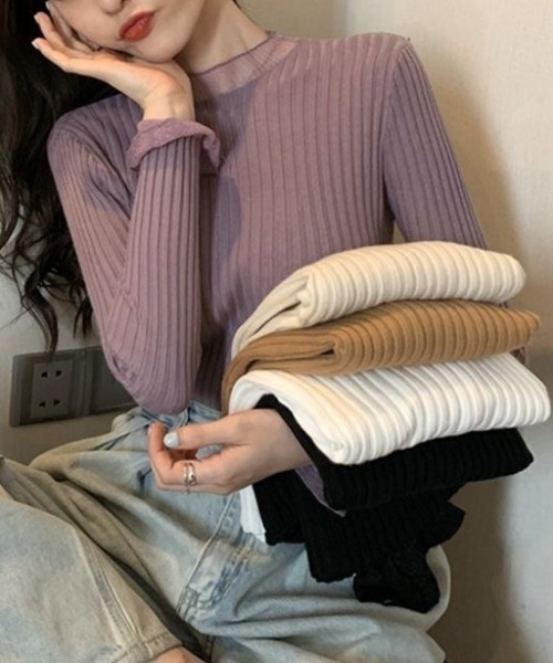 Coo+i(クーイ)の「シアーフリルネック長袖ニット(ニット/セーター・レディース・ホワイト/ピンク/ブラック/ブルー・FREE)」の1枚目の写真