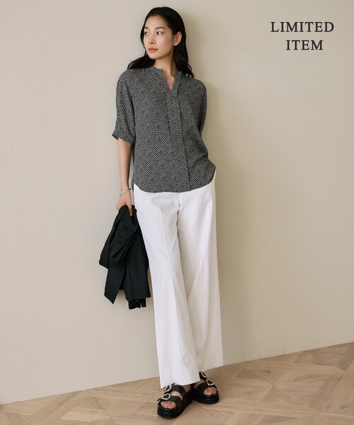 ICB キーネック ブラウス　ブラック　5分袖 BackSatinAmunzen 5分袖キーネックブラウス（シャツ/ブラウス）｜ICB