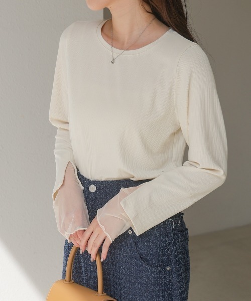 Bab(バブ)の「袖スリットチュールカットトップス(Tシャツ/カットソー・レディース・ピンク/チャコールグレー/アイボリー・FREE)」の4枚目の写真