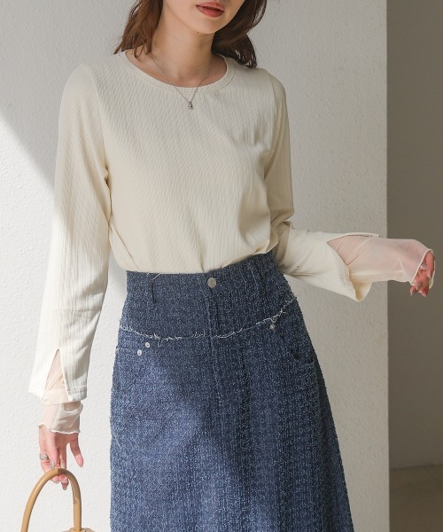 Bab(バブ)の「袖スリットチュールカットトップス(Tシャツ/カットソー・レディース・ピンク/チャコールグレー/アイボリー・FREE)」の5枚目の写真