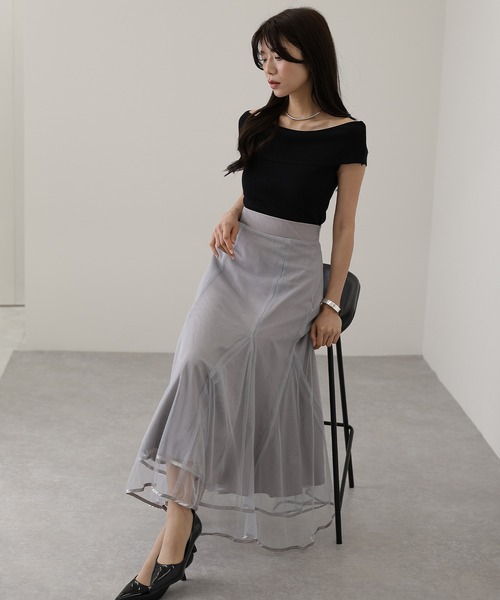 Lace Ladies(レースレディース)の「パイピング タック プリーツ チュール ロング スカート(スカート・レディース・チャコールグレー/モカ/グレー/ブラック・FREE/S)」の12枚目の写真