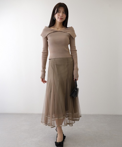 Lace Ladies(レースレディース)の「パイピング タック プリーツ チュール ロング スカート(スカート・レディース・チャコールグレー/モカ/グレー/ブラック・FREE/S)」の5枚目の写真