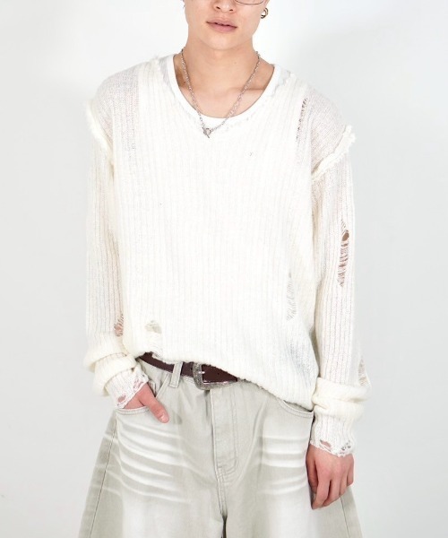 Chikashitsu +(チカシツプラス)の「【Chikashitsu +】damage reverse v neck knit / 【チカシツプラス】リバースVネックダメージニット(ニット/セーター・メンズ・アイボリー/ブラック/グレー・ONE SIZE)」の17枚目の写真