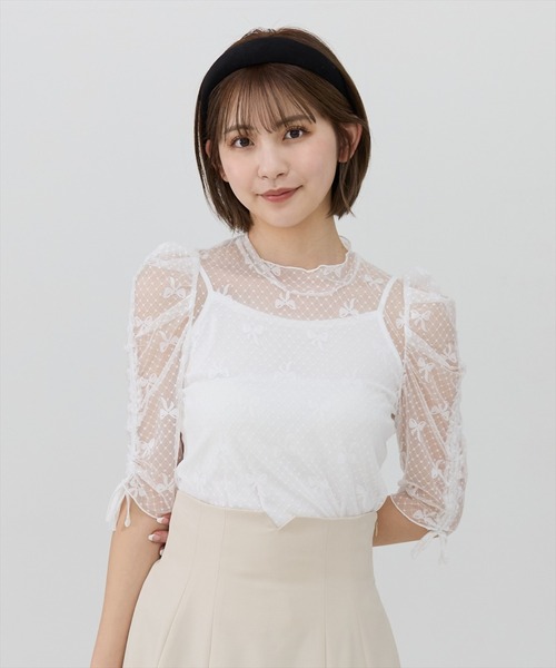 セール】ミニリボン柄シアートップス（Tシャツ/カットソー