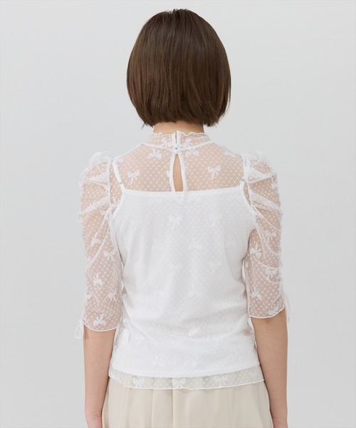 REDYAZEL(レディアゼル)の「ミニリボン柄シアートップス(Tシャツ/カットソー・レディース・ホワイト/ブラック・FREE)」の12枚目の写真