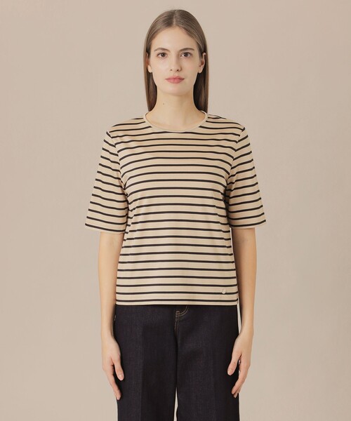 美品 MACKINTOSH LONDON マッキントッシュロンドン ボーダー Tシャツ コットンブレンド カットソー プルオーバー 半袖 44/XL ベージュ レディース 古着 中古 コットンブレンドボーダーTシャツ(トップス)｜MACKINTOSH LONDON