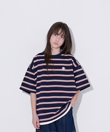 【大人向けサイズあり】ボーダー・ワンポイント刺しゅうレイヤードビッグ半袖Tシャツ