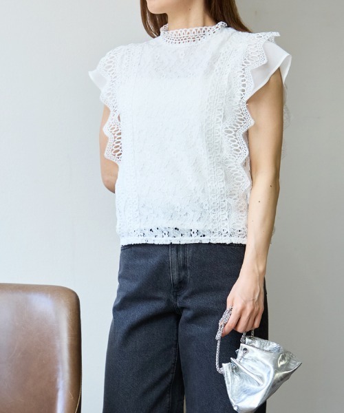 TRIANGLE PALETTE（トライアングルパレット）の「レースフレンチスリーブブラウス/ノースリーブ（シャツ/ブラウス・レディース・ダークグレー/ミント/ブラウン/ホワイト/ブラック/ピンク・FREE）」の2枚目の写真