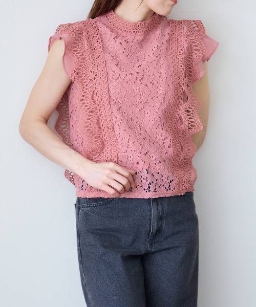 TRIANGLE PALETTE（トライアングルパレット）の「レースフレンチスリーブブラウス/ノースリーブ（シャツ/ブラウス・レディース・ダークグレー/ミント/ブラウン/ホワイト/ブラック/ピンク・FREE）」の6枚目の写真