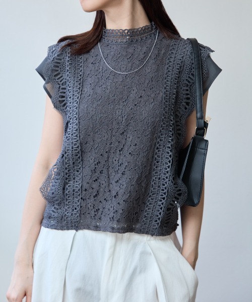 TRIANGLE PALETTE（トライアングルパレット）の「レースフレンチスリーブブラウス/ノースリーブ（シャツ/ブラウス・レディース・ダークグレー/ミント/ブラウン/ホワイト/ブラック/ピンク・FREE）」の4枚目の写真