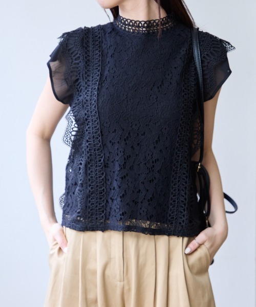 TRIANGLE PALETTE（トライアングルパレット）の「レースフレンチスリーブブラウス/ノースリーブ（シャツ/ブラウス・レディース・ダークグレー/ミント/ブラウン/ホワイト/ブラック/ピンク・FREE）」の3枚目の写真