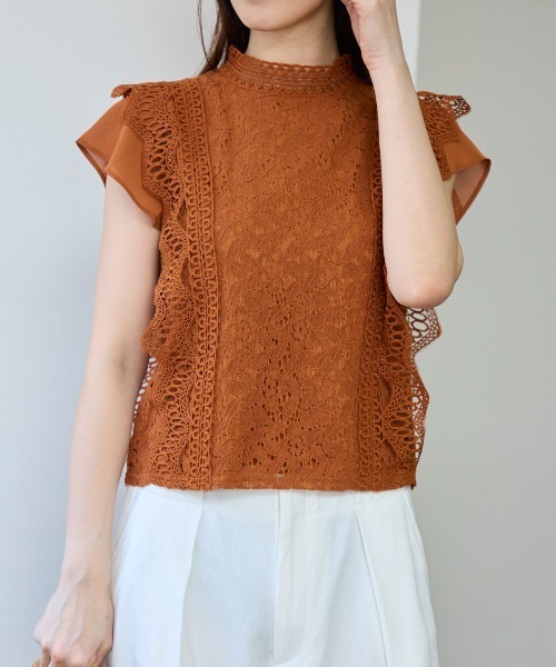 TRIANGLE PALETTE（トライアングルパレット）の「レースフレンチスリーブブラウス/ノースリーブ（シャツ/ブラウス・レディース・ダークグレー/ミント/ブラウン/ホワイト/ブラック/ピンク・FREE）」の7枚目の写真