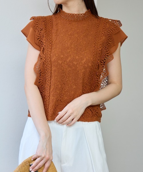 TRIANGLE PALETTE（トライアングルパレット）の「レースフレンチスリーブブラウス/ノースリーブ（シャツ/ブラウス・レディース・ダークグレー/ミント/ブラウン/ホワイト/ブラック/ピンク・FREE）」の8枚目の写真