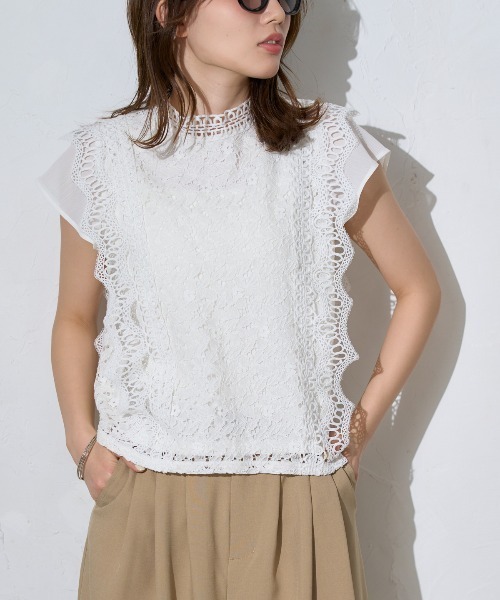 TRIANGLE PALETTE(トライアングルパレット)の「【接触冷感】レースフレンチスリーブブラウス/ノースリーブ(シャツ/ブラウス・レディース・ダークグレー/ミント/ブラウン/ホワイト/ブラック/ピンク/カーキ・FREE)」の13枚目の写真