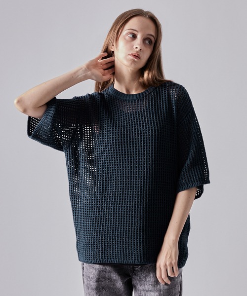 CLEL】Watermark Knitting Short Sleeve Melange Mesh Knit