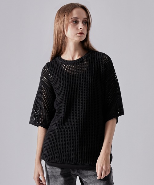 CLEL】Watermark Knitting Short Sleeve Melange Mesh Knit/透かし編み