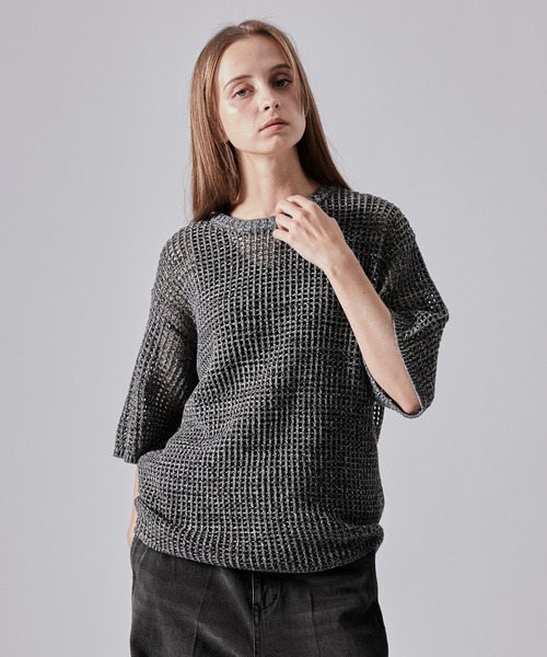 セール】【CLEL】Watermark Knitting Short Sleeve Melange Mesh