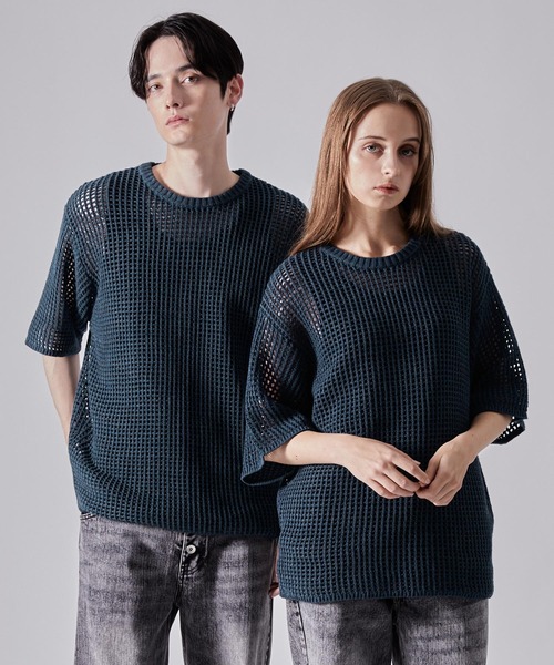 ●MASSNOUN● CHECKERBOARD MESHED KNIT HALF SHIRTS (2色) SLY | 【LIMITED ITEM】JQ LOGO MINKY LOOSE KNIT トップス