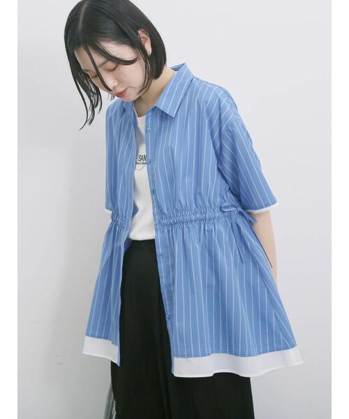 Samansa Mos2 blue(サマンサモスモスブルー)の「ストライプウエストシャーリングブラウス(シャツ/ブラウス・レディース・ブルー/キナリ/ピンク・F)」の2枚目の写真