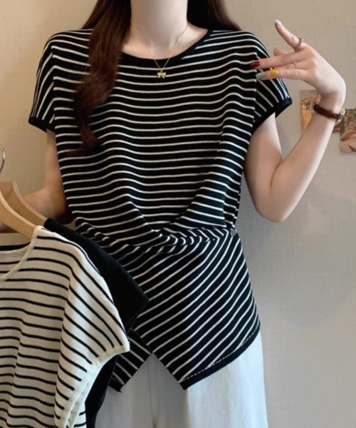 LOULOU select(ルルセレクト)の「ウエストドレープフレンチスリーブTee(Tシャツ/カットソー・レディース・ブラック/オフホワイト/ブラック系その他/ピンク/ホワイト系その他・M)」の2枚目の写真