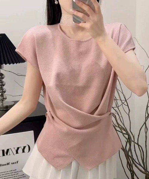 LOULOU select(ルルセレクト)の「ウエストドレープフレンチスリーブTee(Tシャツ/カットソー・レディース・ブラック/オフホワイト/ブラック系その他/ピンク/ホワイト系その他・M)」の5枚目の写真
