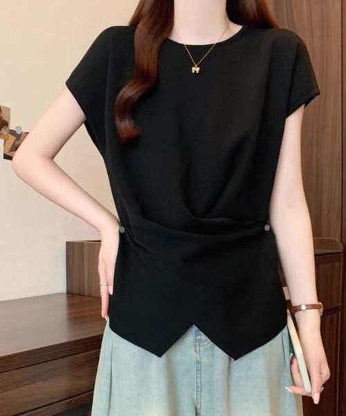 LOULOU select(ルルセレクト)の「ウエストドレープフレンチスリーブTee(Tシャツ/カットソー・レディース・ブラック/オフホワイト/ブラック系その他/ピンク/ホワイト系その他・M)」の1枚目の写真