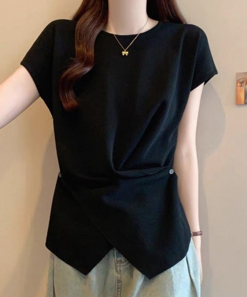 LOULOU select(ルルセレクト)の「ウエストドレープフレンチスリーブTee(Tシャツ/カットソー・レディース・ブラック/オフホワイト/ブラック系その他/ピンク/ホワイト系その他・M)」の12枚目の写真